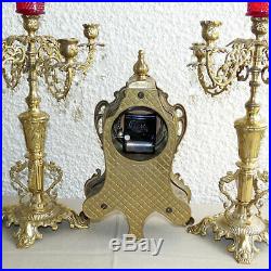 Vintage Bell Striking Kienzle Cast Brass Mantle Clock & Candelabra Set