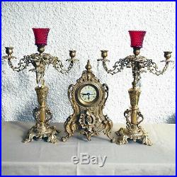 Vintage Bell Striking Kienzle Cast Brass Mantle Clock & Candelabra Set