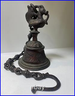 Vintage Brass / Bronze Tibet Buddhist Temple Bell With Chain, bird and elephants