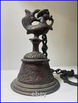 Vintage Brass / Bronze Tibet Buddhist Temple Bell With Chain, bird and elephants