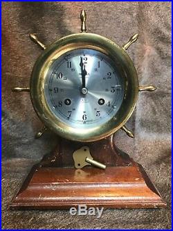 Vintage Brass Bulova Ships Bell Clock Withoriginal Key& Walnut Stand #686. Gremany