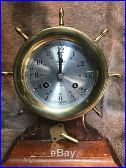 Vintage Brass Bulova Ships Bell Clock Withoriginal Key& Walnut Stand #686. Gremany