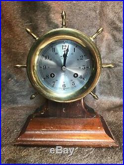 Vintage Brass Bulova Ships Bell Clock Withoriginal Key& Walnut Stand #686. Gremany