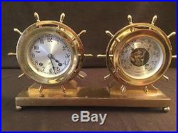 Vintage! Brass Chelsea Ship's Bell Clock And Barometer On Brass Stand Engraved