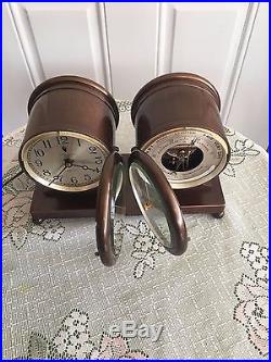 Vintage-Brass Chelsea Ships Bell Clock & Barometer withThermometer Set with Advert
