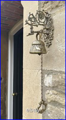 Vintage Brass Door Bell Clanger Pull Chain Ornate Wall Bracket Pub School