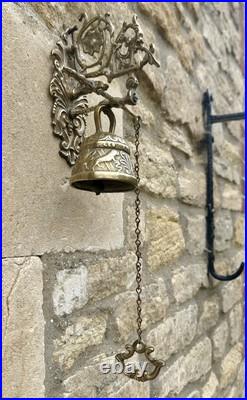 Vintage Brass Door Bell Clanger Pull Chain Ornate Wall Bracket Pub School