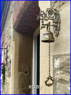 Vintage Brass Door Bell Clanger Pull Chain Ornate Wall Bracket Pub School