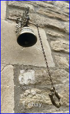 Vintage Brass Door Bell Clanger Pull Chain Ornate Wall Bracket Pub School