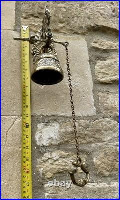 Vintage Brass Door Bell Clanger Pull Chain Ornate Wall Bracket Pub School