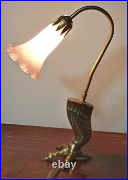 Vintage Brass Eagle Claw with pink Lily glass shade Table Desk Lamp. Art deco