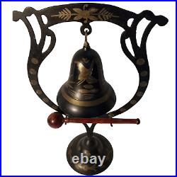 Vintage Brass Gong Bell with Decorative Stand and Wooden Striker Asian Design