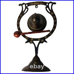 Vintage Brass Gong Bell with Decorative Stand and Wooden Striker Asian Design