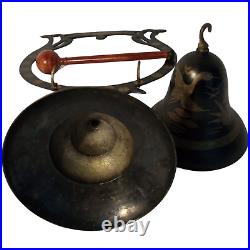 Vintage Brass Gong Bell with Decorative Stand and Wooden Striker Asian Design