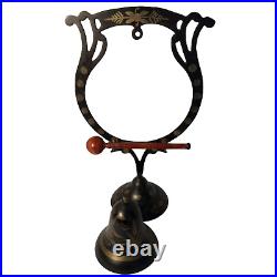 Vintage Brass Gong Bell with Decorative Stand and Wooden Striker Asian Design