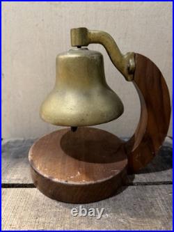 Vintage Brass Nautical Desk Bell with Wood Stand Maritime Ship Style 9 Tall