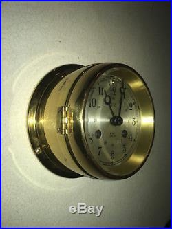 Vintage Brass Salem Ships Bell 8 Day Jeweled Clock with Key & Original Sticker