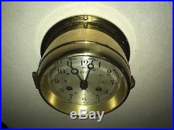 Vintage Brass Salem Ships Bell 8 Day Jeweled Clock with Key & Original Sticker
