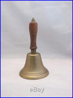 Vintage Brass School House Bell with Wood Handle Large 10 Tall With 3 Clapper