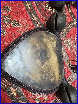 Vintage Brass Sleigh Bells 23 Crotal bells with brass heart On Leather Strap