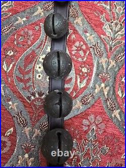 Vintage Brass Sleigh Bells 23 Crotal bells with brass heart On Leather Strap
