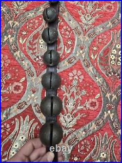 Vintage Brass Sleigh Bells 23 Crotal bells with brass heart On Leather Strap