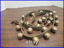 Vintage Brass Sleigh Bells 26 On Leather Strap 65 inches, no cracks