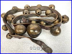 Vintage Brass Sleigh Bells Leather Strap Large Heavy Jingle Bells Antique Rustic