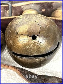 Vintage Brass Sleigh Bells Leather Strap Large Heavy Jingle Bells Antique Rustic