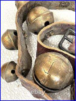 Vintage Brass Sleigh Bells Leather Strap Large Heavy Jingle Bells Antique Rustic
