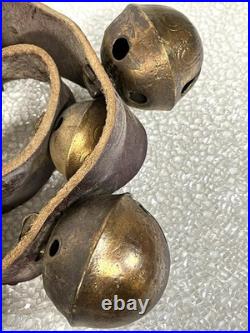 Vintage Brass Sleigh Bells Leather Strap Large Heavy Jingle Bells Antique Rustic
