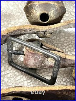 Vintage Brass Sleigh Bells Leather Strap Large Heavy Jingle Bells Antique Rustic