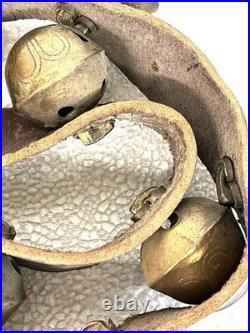 Vintage Brass Sleigh Bells Leather Strap Large Heavy Jingle Bells Antique Rustic