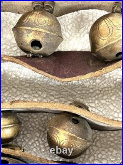Vintage Brass Sleigh Bells Leather Strap Large Heavy Jingle Bells Antique Rustic