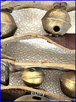 Vintage Brass Sleigh Bells Leather Strap Large Heavy Jingle Bells Antique Rustic