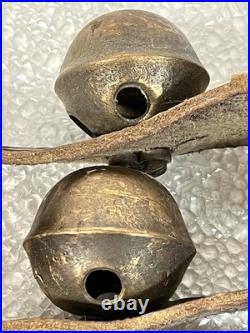 Vintage Brass Sleigh Bells Leather Strap Large Heavy Jingle Bells Antique Rustic