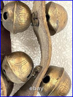 Vintage Brass Sleigh Bells Leather Strap Large Heavy Jingle Bells Antique Rustic