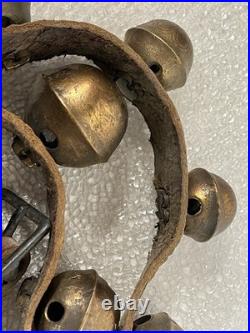 Vintage Brass Sleigh Bells Leather Strap Large Heavy Jingle Bells Antique Rustic