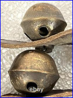 Vintage Brass Sleigh Bells Leather Strap Large Heavy Jingle Bells Antique Rustic