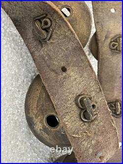 Vintage Brass Sleigh Bells Leather Strap Large Heavy Jingle Bells Antique Rustic