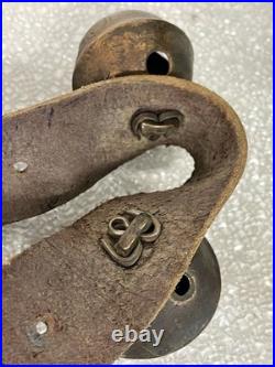 Vintage Brass Sleigh Bells Leather Strap Large Heavy Jingle Bells Antique Rustic