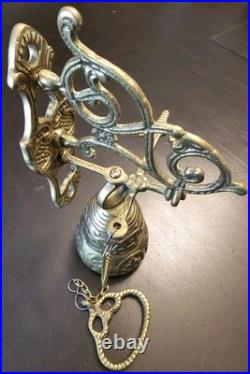 Vintage Brass Wall Mount Hanging Monastery Door Bell with Ornate Pull Chain