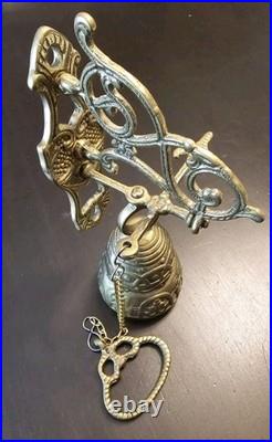 Vintage Brass Wall Mount Hanging Monastery Door Bell with Ornate Pull Chain