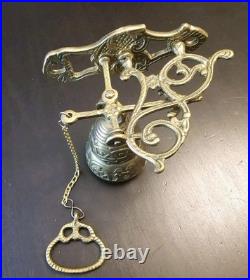 Vintage Brass Wall Mount Hanging Monastery Door Bell with Ornate Pull Chain