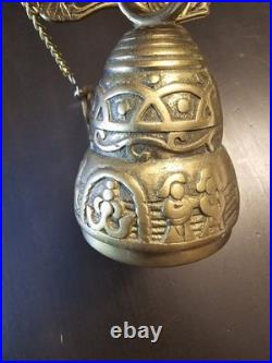 Vintage Brass Wall Mount Hanging Monastery Door Bell with Ornate Pull Chain