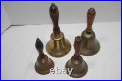 Vintage Brass Wood Schoolhouse Hand Bells Collectible Teacher Lot of 4