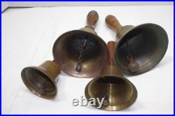 Vintage Brass Wood Schoolhouse Hand Bells Collectible Teacher Lot of 4