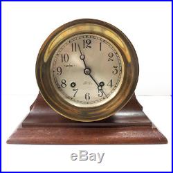 Vintage CHELSEA Ships Bell Brass Clock with Wooden Mantel Base Stand 7.25