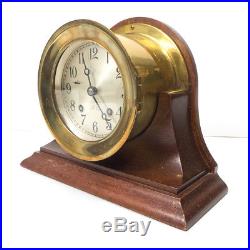 Vintage CHELSEA Ships Bell Brass Clock with Wooden Mantel Base Stand 7.25