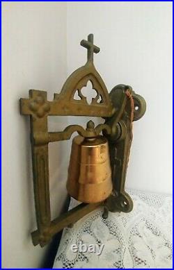 Vintage Cast Iron Wall Mount Bell withCross Dinner, School, Barn Pull String